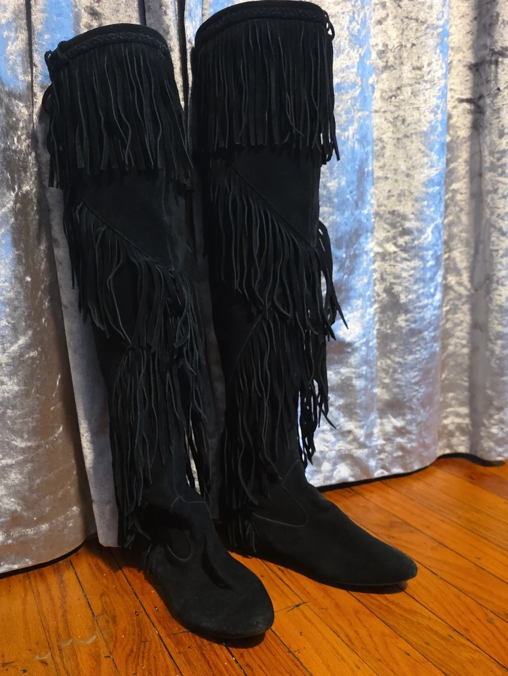 Sam Edelman Genuine Suede Black Fringe  Knee High Boots Size 9